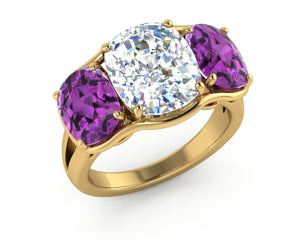 2ct Oval Cut Diamond Amethyst Three Stone Engagement Ring 14k Yellow Gold Finish