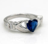 1.2ct Heart Cut Blue Sapphire Engagement Ring Claddagh Design 14k WhiteGold Over