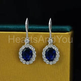 2ct Oval Simulated Sapphire Halo Fish Hook Drop Earrings 14k White Gold Plated