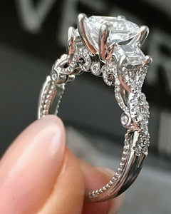 2.3ct Cushion Cut Diamond 3 Stone Vintage Engagement Ring 14k White Gold Finish