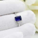 2ct Emerald Cut Blue Sapphire Engagement Ring Diamond Petite 14k White Gold Over