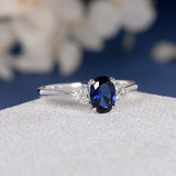 1.2ct Oval Blue Sapphire Engagement Ring 14k White Gold Finish Solitaire Trilogy