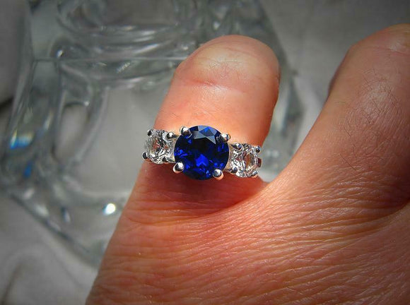 2ct Round Cut Blue Sapphire Diamond Trilogy Engagement Ring 14k WhiteGold Finish