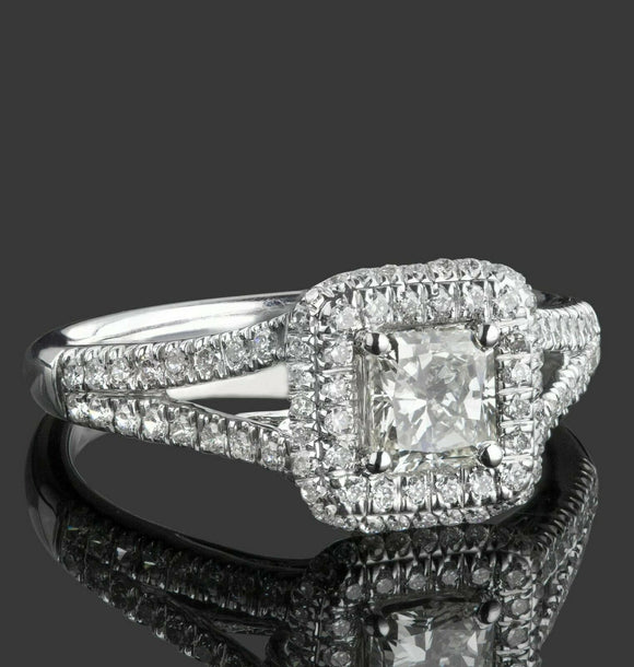 1.6ct Radiant Cut Diamond Engagement Ring Split Shank Halo 14k White Gold Finish