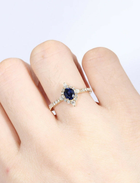 1ct Oval Cut Blue Sapphire Engagement Ring Halo 14k YellowGold Over Round Accent