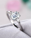 3Ct Emerald Cut Blue Aquamarine Engagement Ring 14K White Gold Over Round Accent