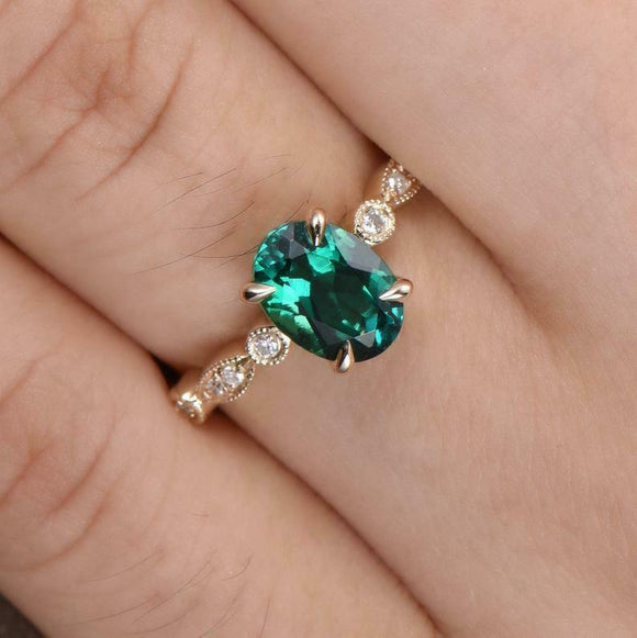 1.5ct Oval Green Emerald Engagement Ring Solitaire Vintage 14k Yellow Gold Over