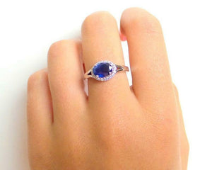 2ct Oval Cut Blue Sapphire Split Halo Engagement Ring 14k White Gold Finish