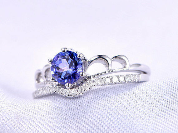 1.5ct Round Blue Sapphire Engagement Ring 14k White Gold Finish Crown Bridal Set