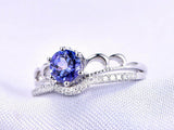 1.5ct Round Blue Sapphire Engagement Ring 14k White Gold Finish Crown Bridal Set