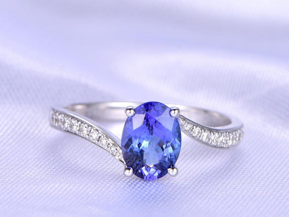 1ct Oval Blue Tanzanite Engagement Ring Swirl Round Accent 14k White Gold Finish