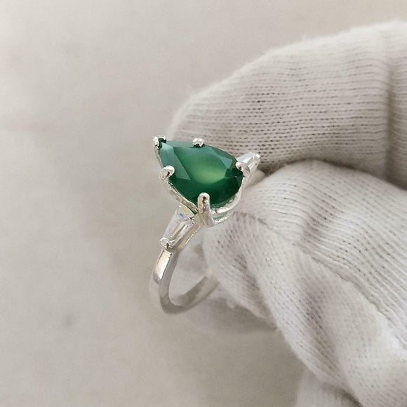 1ct Engagement Ring Pear Cut Green Emerald Three Stone 14k White Gold Finish