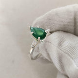 1ct Engagement Ring Pear Cut Green Emerald Three Stone 14k White Gold Finish