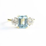 0.88ct Emerald Cut Blue Aquamarine Trilogy Engagement Ring 14k YellowGold Finish