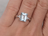 1.5ct Emerald Cut Blue Aquamarine Petite Solitaire Ring 14k White Gold Finish