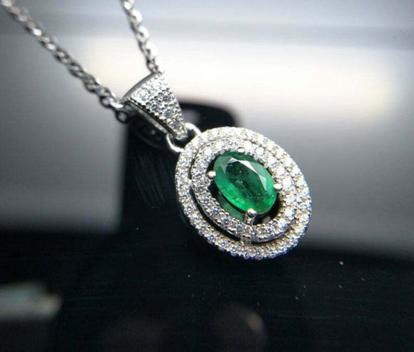 3ct Green Emerald Pendant with Chain Oval Cut Dual Halo 14k White Gold Finish