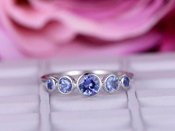 1.5ct Round Cut Blue Tanzanite Engagement Ring 14k White Gold Finish Five Stone