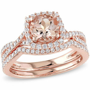 3Ct Round Cut Peach Morganite Diamond Bridal Set Ring Band 14K Rose Gold Finish