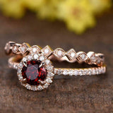 2ct Round Red Garnet Bridal Set Vintage Band Engagement Ring 14k Rose Gold Over