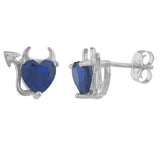 1.5ct Stud Earrings Heart Cut Blue Sapphire Devil Design 14k White Gold Finish