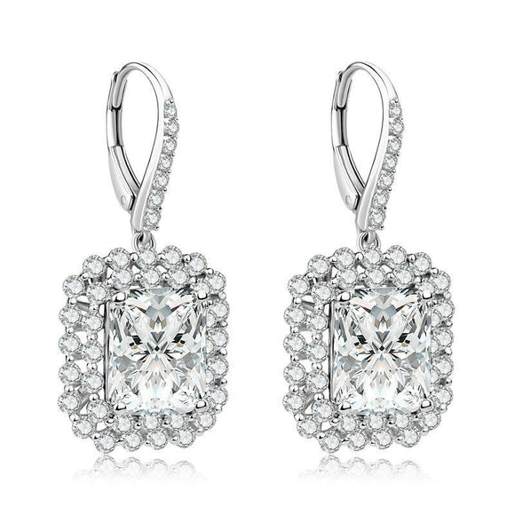 2ct Radiant Cut VVS1D Diamond Double Halo Drop Earrings 14k White Gold Finish