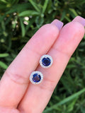 2.2Ct Round Cut Blue Sapphire Diamond Halo Stud Earrings 14K White Gold Finish