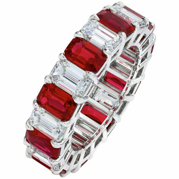 5Ct Emerald Cut Alternate Ruby Diamond Eternity Wedding Band 14K White Gold Over