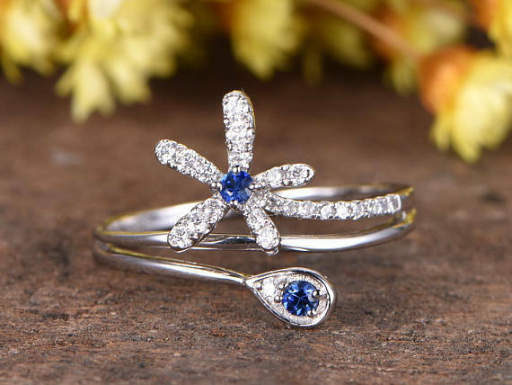 1ct Round Cut Blue Sapphire Engagement Ring 14k White Gold Finish Floral Bypass