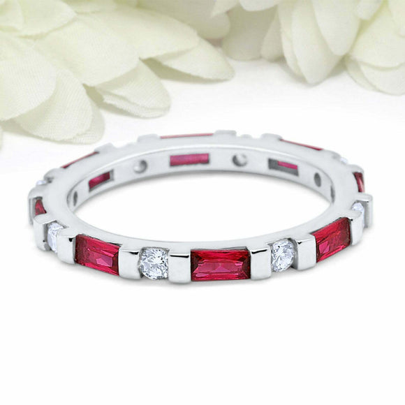 1.2ct Baguette Cut Pink Ruby Wedding Band Eternity Stackable 14k White Gold Over