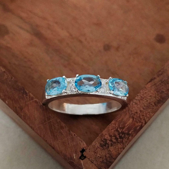 2.5ct Wedding Band Oval Cut Blue Topaz Stylish Three Stone 14k White Gold Finish