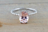 1ct Oval Cut Morganite Engagement Ring Solitaire Rope Accent 14k White Gold Over