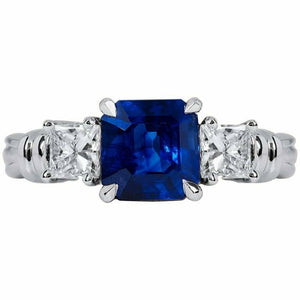 2.3ct Asscher Cut Blue Sapphire Engagement Ring Trilogy 14k White Gold Finish