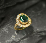 2.7ct Oval Cut Green Emerald Vintage Inspired Halo Ring 14k Yellow Gold Finish