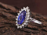 2ct Engagement Ring Marquise Cut Blue Sapphire Diamond Floral 14k WhiteGold Over