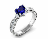 1.5ct Heart Cut Blue Sapphire Milgrain Trilogy Solitaire Ring 14k WhiteGold Over