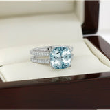 3Ct Cushion Cut Blue Aquamarine Dual Band Engagement Ring 14K White Gold Finish