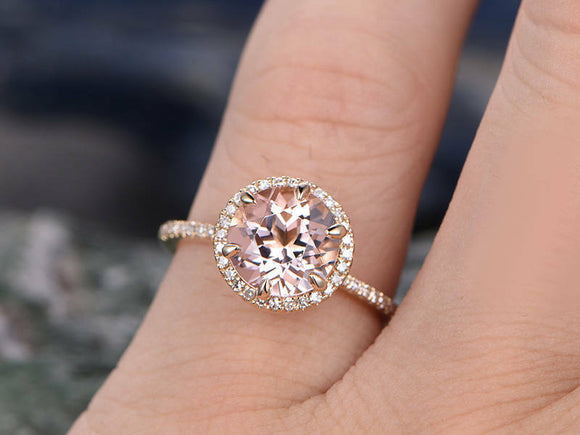 2Ct Round Cut Peach Morganite 6 Prong Halo Engagement Ring 14K Rose Gold Finish