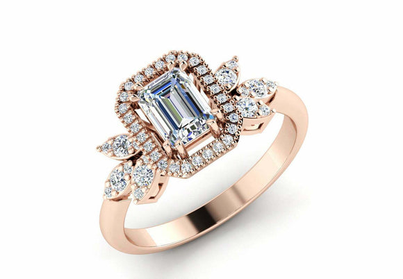 Halo Floral Solitaire Engagement Ring 2ct Emerald Cut Diamond 14k Rose Gold Over