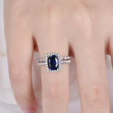 1ct Cushion Cut Blue Sapphire Bridal Set Engagement Ring 14k White Gold Finish