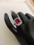 2.1ct Engagement Ring Emerald Cut Pink Ruby Tanzanite Halo 14k White Gold Finish