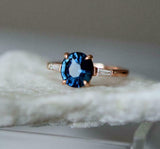 1ct Engagement Ring Round Cut Blue Sapphire Three Stone 14k Rose Gold Finish