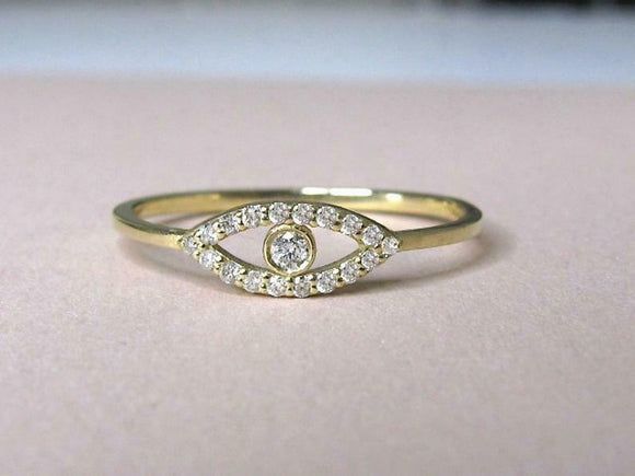 Evil Eye Minimalist Engagement Ring 1ct Round Cut Diamond 14k Yellow Gold Finish