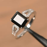 Split Shank Engagement Ring 1.3ct Emerald Cut Black Diamond 14k WhiteGold Finish