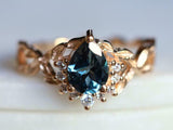 2ct Engagement Ring Pear Cut London Blue Topaz Leaves Accent 14k Rose Gold Over