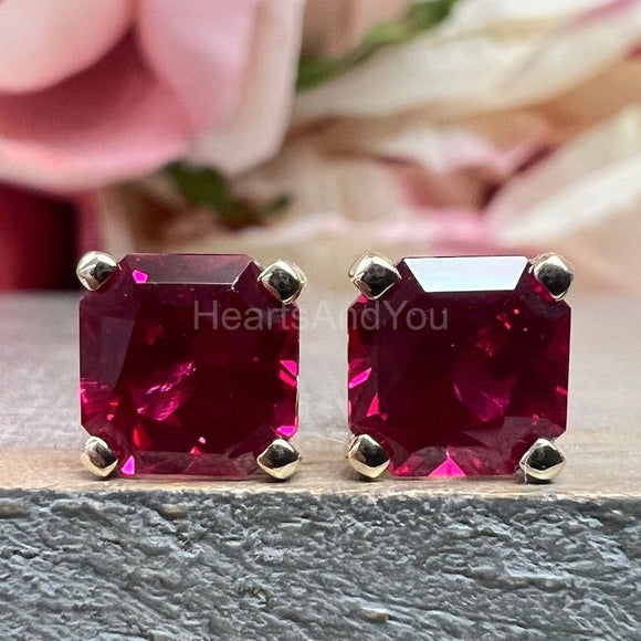 2ct Asscher Cut Simulated Pink Ruby Solitaire Stud Earring 14k White Gold Plated