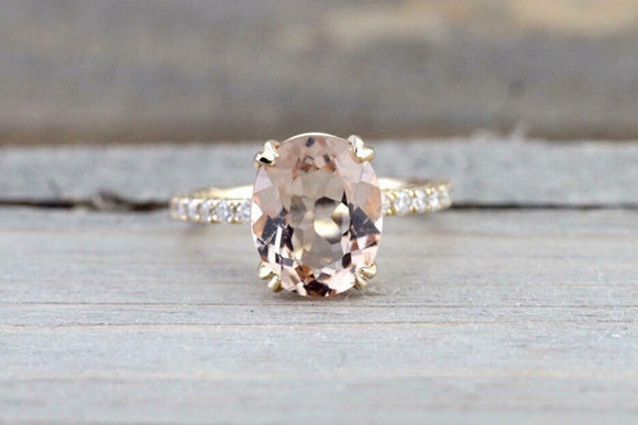 2ct Oval Cut Peach Morganite Engagement Ring 14k Yellow Gold Over Diamond Accent