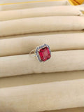 2.1ct Engagement Ring Emerald Cut Pink Ruby Tanzanite Halo 14k White Gold Finish