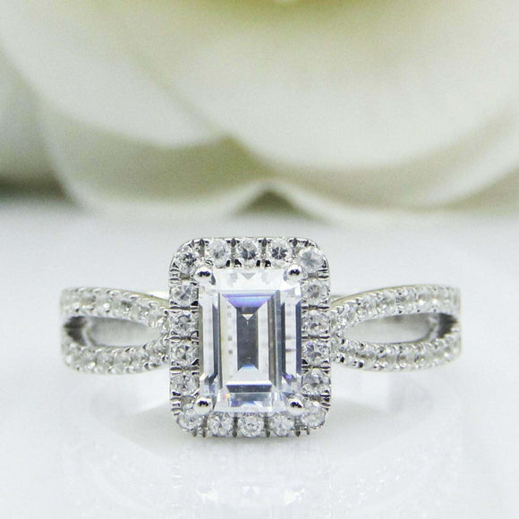 2.2ct Emerald Cut Diamond Engagement Ring Halo Split Shank 14k White Gold Finish