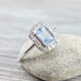 1ct Emerald Cut Blue Aquamarine Diamond Halo Engagement Ring 14k White Gold Over