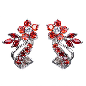 2ct Round Cut Red Garnet Unique Flower Design Drop Earrings 14k WhiteGold Finish